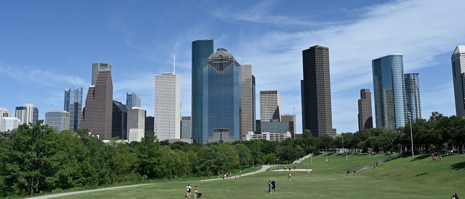 Houston, Texas skyline seen from parkland
