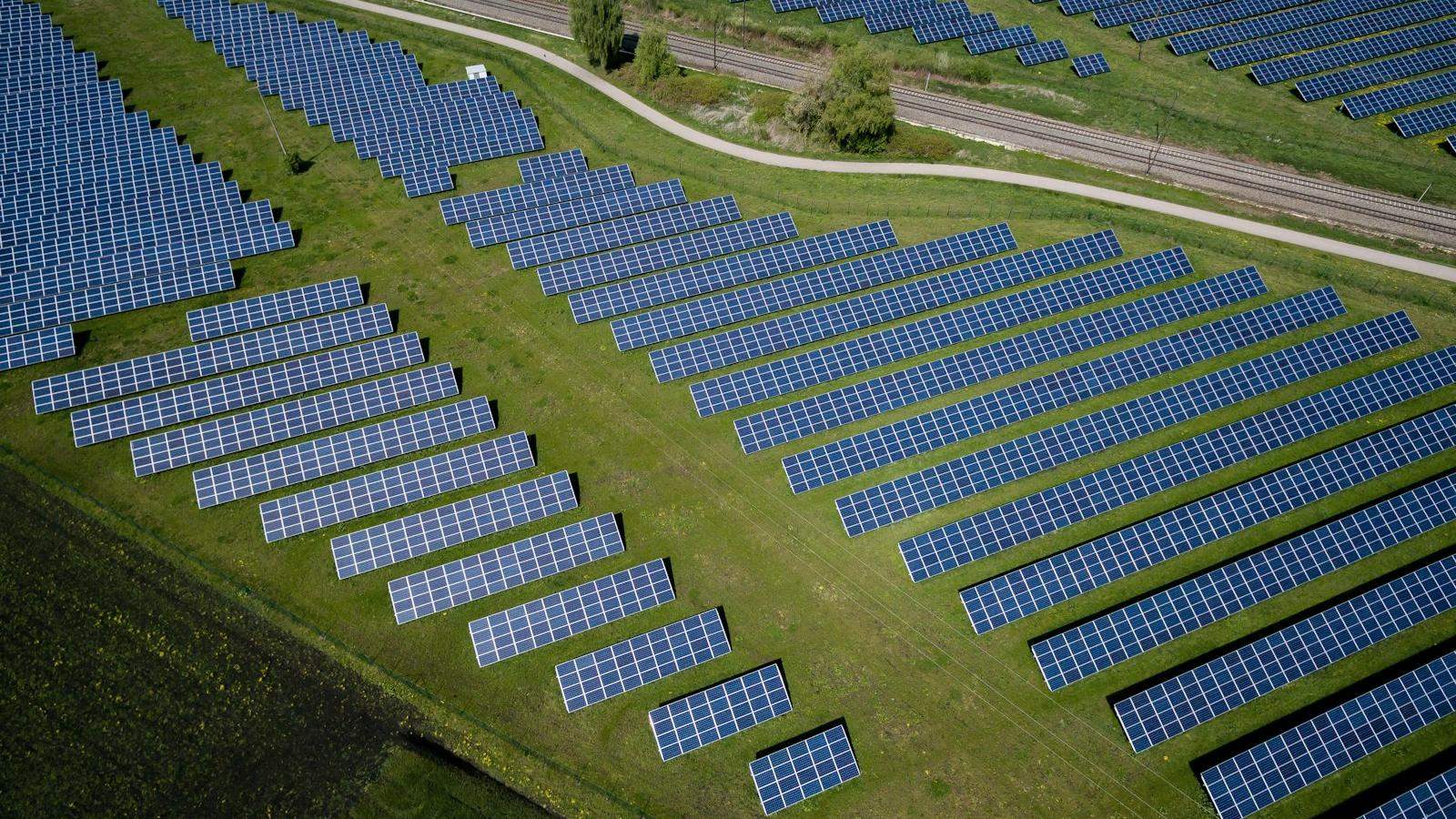 Aerial view of a large ground-mounted solar array
